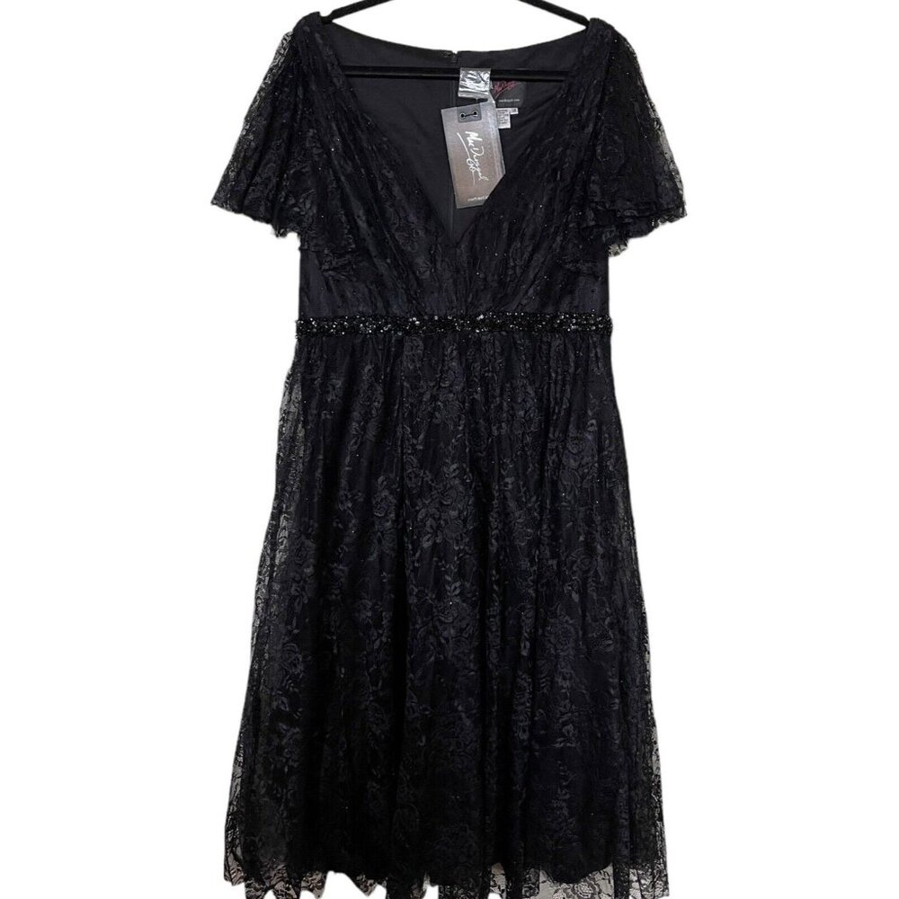 Mac Duggal Lace V-Neck Beaded Tea Length‎ Midi Cocktail Dress Black Size 14W - Picture 5 of 15